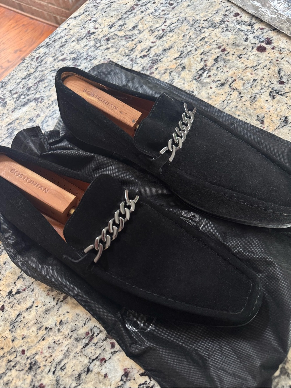 Stacy Adams Black Suede Loafers with Silver Chain Accent